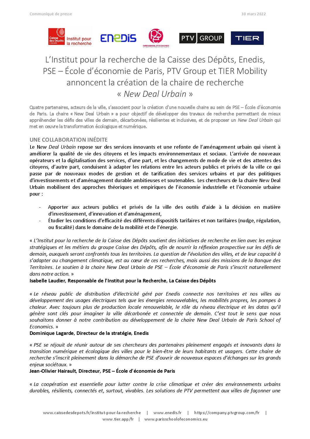 Communiqués de presse - Chaire New Deal Urbain - Paris School of Economics